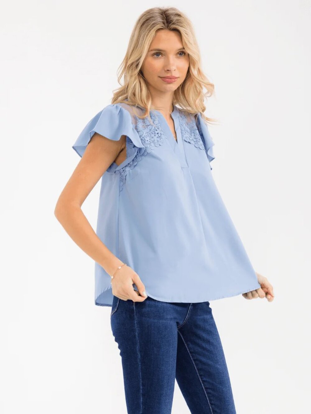 B129 Short Ruffle Sleeve V Neck Blouse in Blue NEW